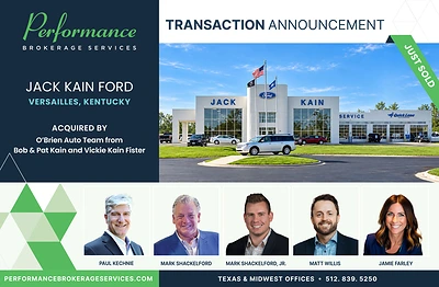 Performance Brokerage Services Advises on the Sale of Jack Kain Ford in Versailles, Kentucky, from Bob Kain, Vickie Kain Fister, and Pat Kain to O'Brien Auto Team